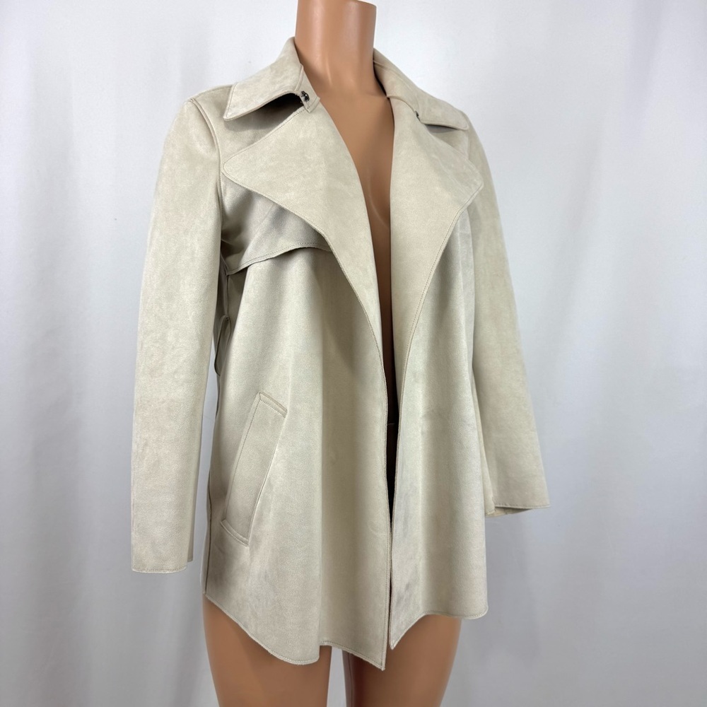 Banana Republic Petite XS Vegan Suede Moto Jacket Open Front Beige Tan Work Wear